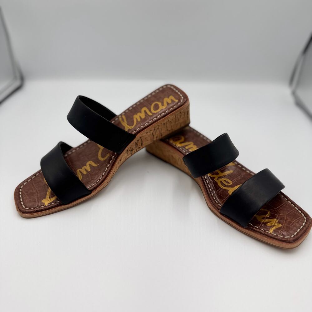 Sam Edelman Vena Black Leather Cork Wedge Slide Sandal Double Strap 8.5 EU 38.5 - Picture 15 of 16
